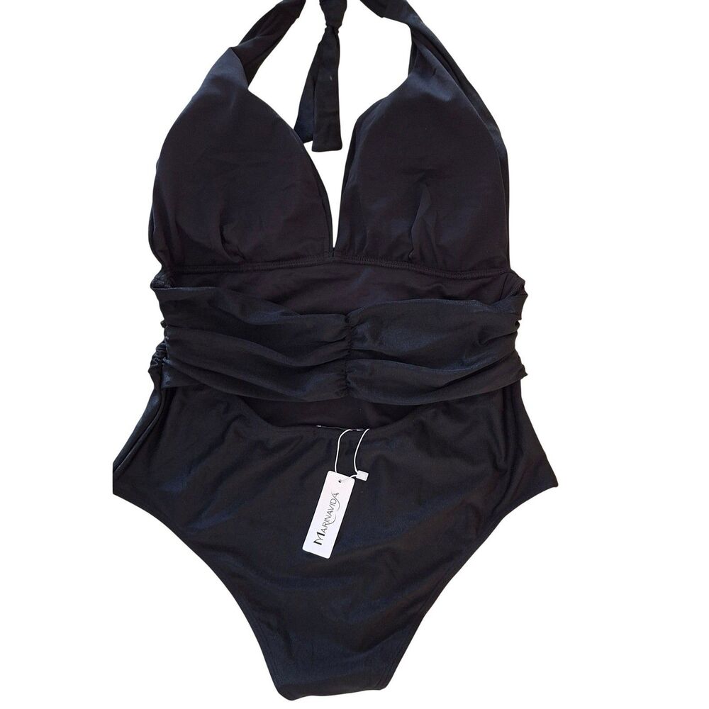 MarinaVida NEW Swimsuit Women XL Black Ruched swim Halter Shimmer NWT
